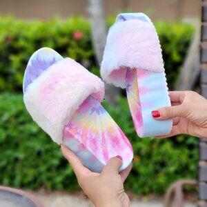 Women's Tie Dye Furry Platform Wedge Slippers Sandal